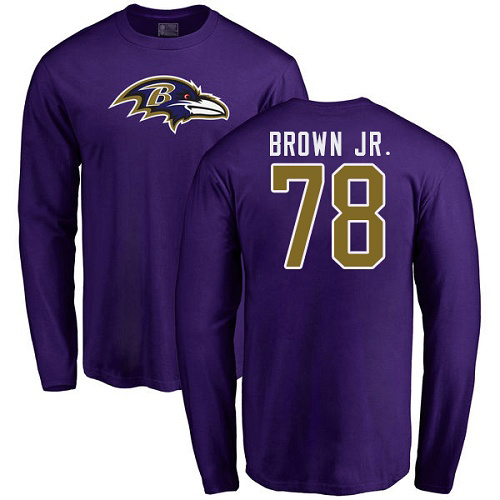 Men Baltimore Ravens Purple Orlando Brown Jr. Name and Number Logo NFL Football #78 Long Sleeve T Shirt